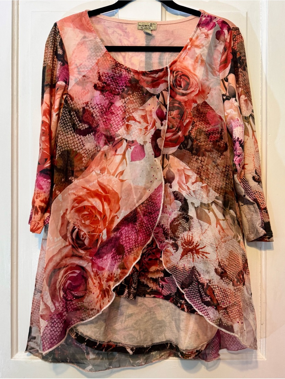 ONE WORLD Pink Floral Mesh Overlay Knit Blouse